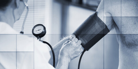 Doctor measuring blood pressure with sphygmomanometer, geometric pattern