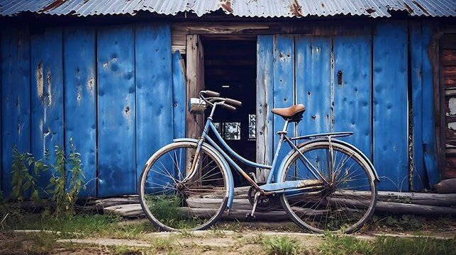 old bicycle leaning against a wall.