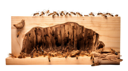 Ants gather on a wooden platform, discussing their next move