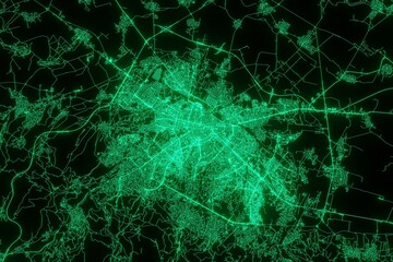 Map of the streets of Sofia (Bulgaria) made with green illumination and glow effect. Top view on roads network. 3d render, illustration - obrazy, fototapety, plakaty