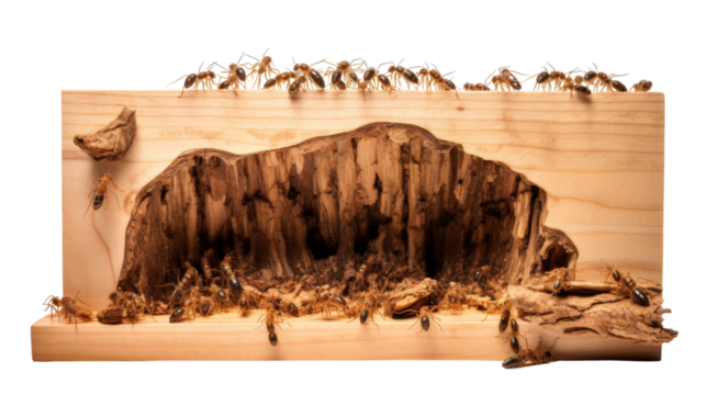 Ants gather on a wooden platform, discussing their next move