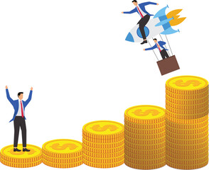 Fototapeta premium Start-up, increased sales or business profits, money, return on investment, increased wealth, isometric start-up rockets lead businessmen standing on the gold pile to take off
