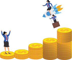 Start-up, increased sales or business profits, money, return on investment, increased wealth, isometric start-up rockets lead businesswomen standing on the gold pile to take off