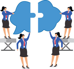 Receive important information, announcements, tasks or missions, isometric four businesswomen moving huge speech bubbles