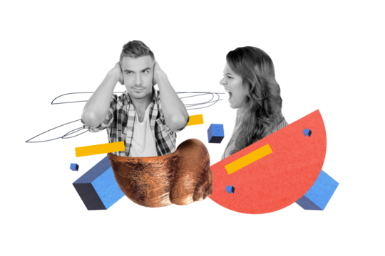 Creative abstract template graphics collage image of angry lady screaming slow guy isolated drawing background