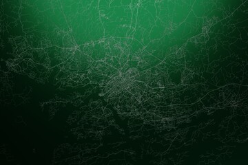 Street map of Turku (Finland) engraved on green metal background. Light is coming from top. 3d render, illustration