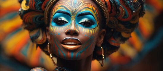 A close-up portrait of a young woman with intricate and colorful face paint designs, showcasing creativity and individuality