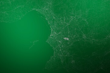 Map of the streets of Marseille (France) made with white lines on abstract green background lit by two lights. Top view. 3d render, illustration - obrazy, fototapety, plakaty