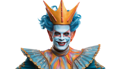 A man wearing a clown mask with a crown on his head