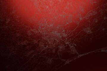 Street map of Montpellier (France) engraved on red metal background. Light is coming from top. 3d render, illustration
