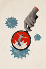 Creative vertical abstract сollage hand hold magnifying glass young ill woman microbes vaccinating...