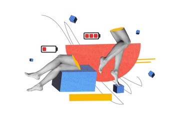 Photo cartoon comics sketch collage picture of lady legs charging after having rest isolated drawing background