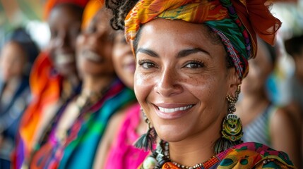 Portrait of a smiling woman with colorful traditional headscarf and jewelry - obrazy, fototapety, plakaty