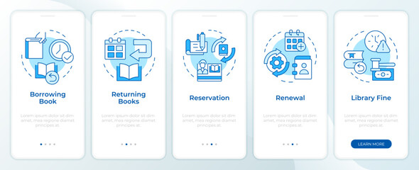 Book circulation blue onboarding mobile app screen. Walkthrough 5 steps editable graphic instructions with linear concepts. UI, UX, GUI template. Montserrat Semibold, Regular fonts used - obrazy, fototapety, plakaty