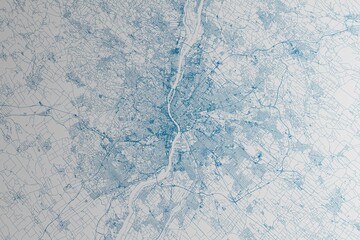 Obraz premium Map of the streets of Budapest (Hungary) made with blue lines on white paper. 3d render, illustration
