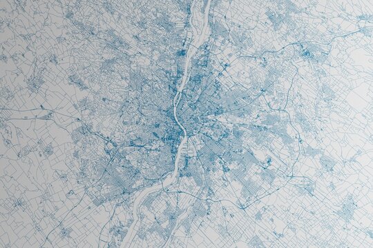 Map of the streets of Budapest (Hungary) made with blue lines on white paper. 3d render, illustration
