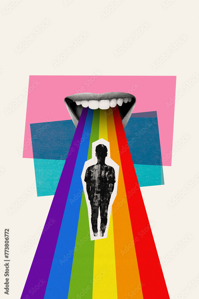 Sticker creative abstract сollage rainbow mouth man walking down colorful path lgbt flag support homosexual 