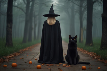 Halloween witch with a broom, scary scenery, Halloween day, AI Generative - obrazy, fototapety, plakaty