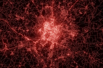 Street map of Vilnius (Lithuania) made with red illumination and glow effect. Top view on roads network. 3d render, illustration