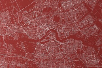 Map of the streets of Rotterdam (Netherlands) made with white lines on red background. Top view. 3d render, illustration