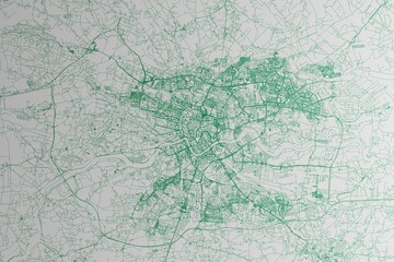 Map of the streets of Krakow (Poland) made with green lines on white paper. 3d render, illustration