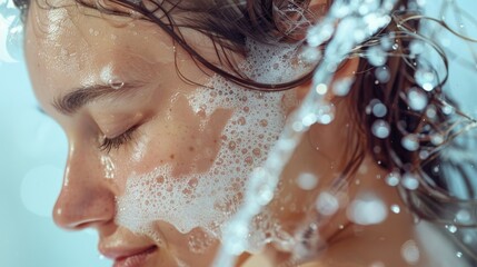Close-up of Woman's Face with Soap Suds and Water Droplets - obrazy, fototapety, plakaty