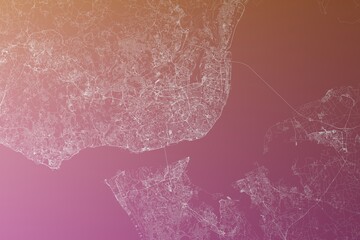 Map of the streets of Lisbon (Portugal) made with white lines on pinkish red gradient background. Top view. 3d render, illustration - obrazy, fototapety, plakaty