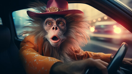 A monkey is driving a car, a fantastic character - obrazy, fototapety, plakaty