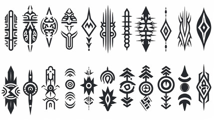 set of fictional symbols of rune icons on a white background, mystical logos and signs collection on white - obrazy, fototapety, plakaty