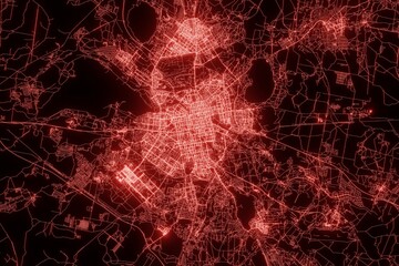 Street map of Yekaterinburg (Russia) made with red illumination and glow effect. Top view on roads network. 3d render, illustration - obrazy, fototapety, plakaty