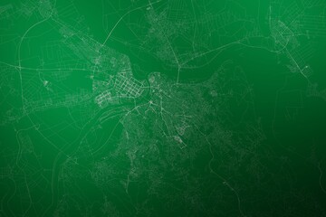 Map of the streets of Belgrade (Serbia) made with white lines on abstract green background lit by two lights. Top view. 3d render, illustration - obrazy, fototapety, plakaty