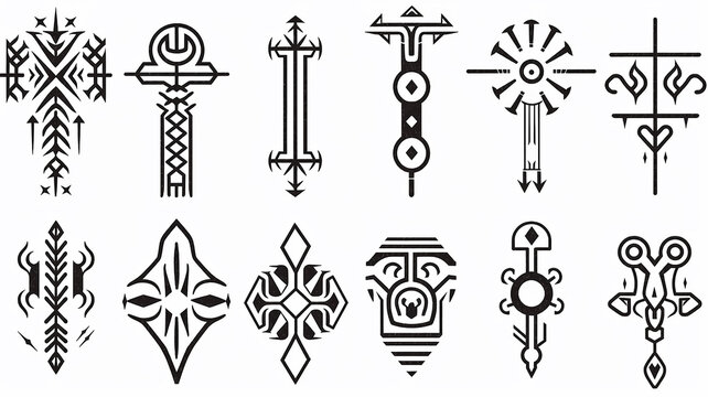 set of fictional symbols of rune icons on a white background, mystical logos and signs collection on white