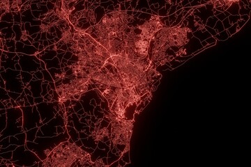 Street map of Cardiff (UK) made with red illumination and glow effect. Top view on roads network. 3d render, illustration - obrazy, fototapety, plakaty
