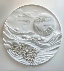 Serene River and Moon Bas-Relief Sculpture