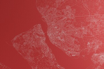 Map of the streets of Liverpool (UK) made with white lines on red paper. Top view, rough background. 3d render, illustration