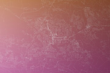 Map of the streets of Donetsk (Ukraine) made with white lines on pinkish red gradient background. Top view. 3d render, illustration - obrazy, fototapety, plakaty