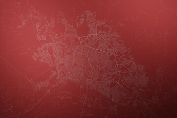 Map of the streets of Leon (Mexico) made with white lines on abstract red background lit by two lights. Top view. 3d render, illustration - obrazy, fototapety, plakaty