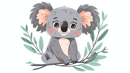 Cute comic koala with green leaves cartoon