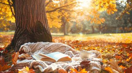 A blanket and a book under a tree in a sunny autumn park - Powered by Adobe