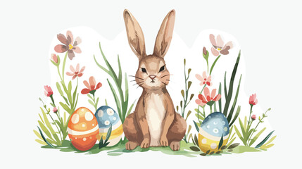 Fototapeta na wymiar Cute easter bunny with colored eggs and flowers. Wate