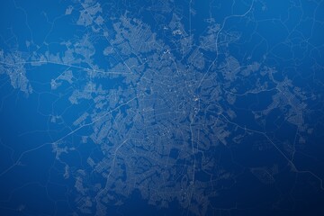 Stylized map of the streets of Goiania (Brazil) made with white lines on abstract blue background lit by two lights. Top view. 3d render, illustration - obrazy, fototapety, plakaty