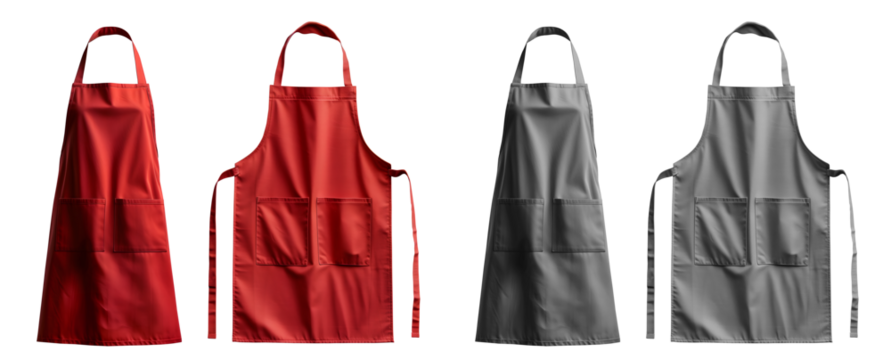 2 Set of red maroon grey gray blank apron restaurant cafe kitchen cook chef uniform, front and flay lay on transparent cutout, PNG file. Mockup template for artwork graphic design - Powered by Adobe