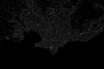 Stylized map of the streets of Montevideo (Uruguay) made with white lines on black background. Top view. 3d render, illustration