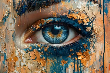 Womans Eye With Blue and Yellow Paint - obrazy, fototapety, plakaty