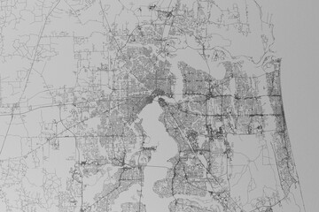 Map of the streets of Jacksonville (Florida, USA) made with black lines on grey paper. Top view. 3d render, illustration