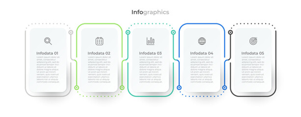 Timeline infographic with modern rectangles arranged horizontal, labeled with business icons and 5 steps or options. Vector illustration.