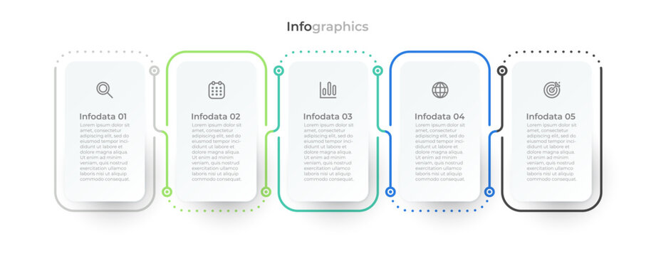 Timeline infographic with modern rectangles arranged horizontal, labeled with business icons and 5 steps or options. Vector illustration.