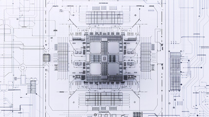 overhead view of a modern, detailed, realistic multi core processor architecture blueprint