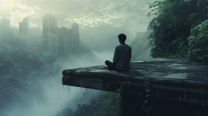 A man sits at a ledge and watches