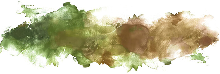 Earthy brown and green watercolor brush stroke on transparent background.